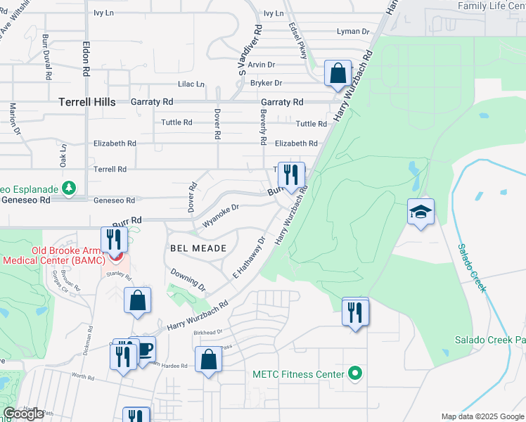 map of restaurants, bars, coffee shops, grocery stores, and more near 256 Wyanoke Drive in San Antonio