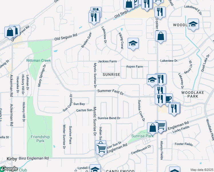 map of restaurants, bars, coffee shops, grocery stores, and more near 5950 Catalina Sunrise Drive in San Antonio