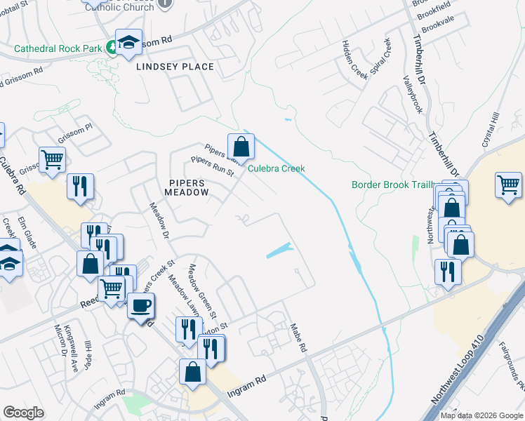 map of restaurants, bars, coffee shops, grocery stores, and more near 7321 Pvt Road in San Antonio