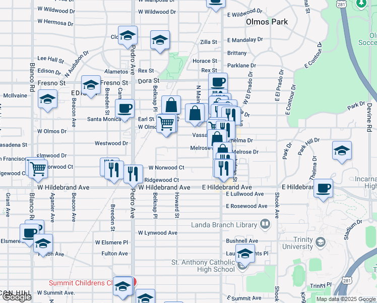 map of restaurants, bars, coffee shops, grocery stores, and more near 214 Melrose Place in San Antonio