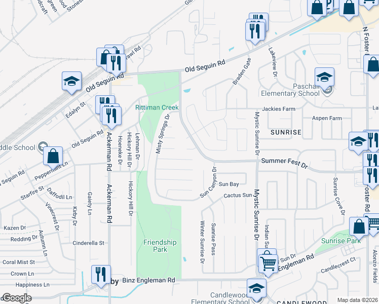 map of restaurants, bars, coffee shops, grocery stores, and more near 5714 Sunshine Peak in San Antonio