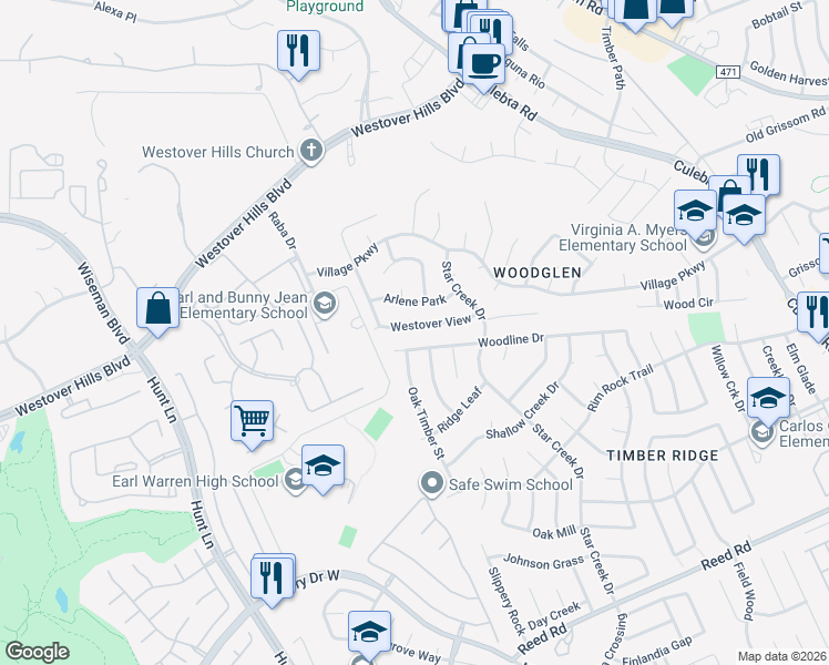 map of restaurants, bars, coffee shops, grocery stores, and more near 2636 Westover View in San Antonio