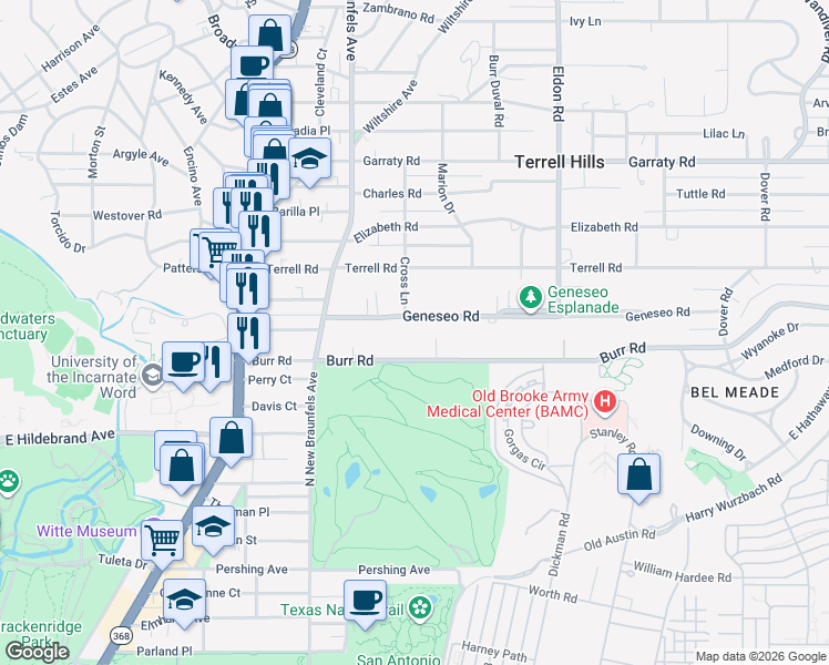 map of restaurants, bars, coffee shops, grocery stores, and more near 200 Geneseo Road in San Antonio
