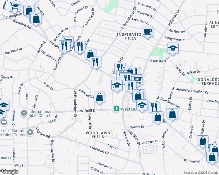 map of restaurants, bars, coffee shops, grocery stores, and more near 1499 West Sunshine Drive in San Antonio