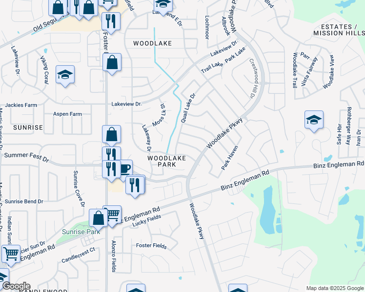 map of restaurants, bars, coffee shops, grocery stores, and more near 6611 Quail Lake Drive in San Antonio