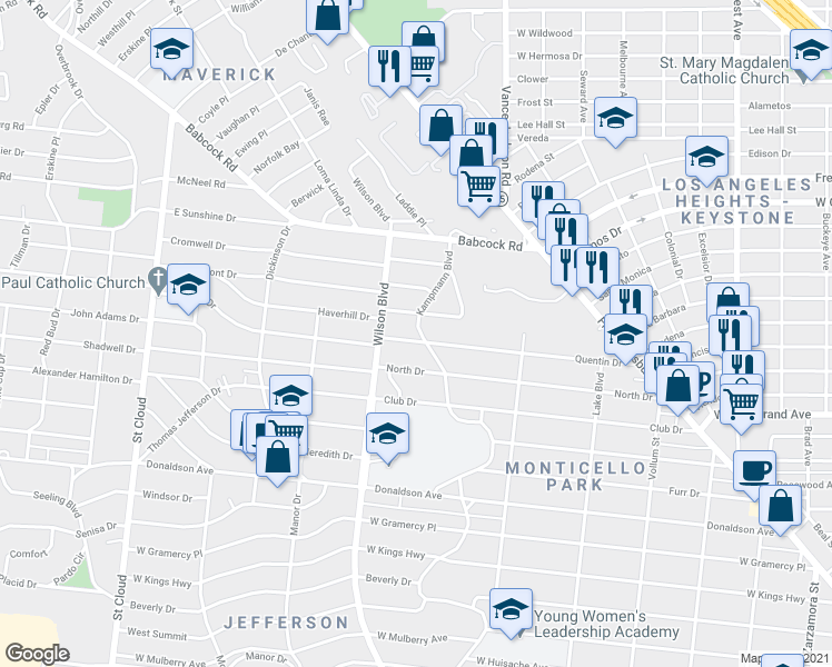 map of restaurants, bars, coffee shops, grocery stores, and more near 391 Quentin Drive in San Antonio