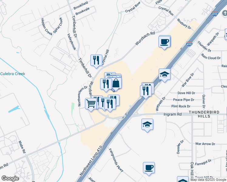 map of restaurants, bars, coffee shops, grocery stores, and more near 6301 Northwest Loop 410 in San Antonio