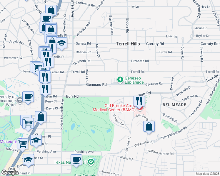 map of restaurants, bars, coffee shops, grocery stores, and more near 256 Geneseo Road in San Antonio