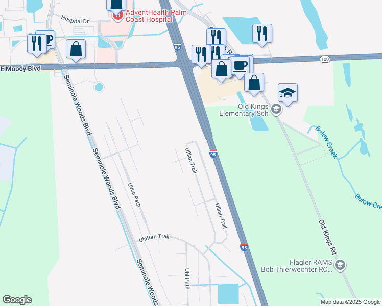 map of restaurants, bars, coffee shops, grocery stores, and more near 112 Ullian Trail in Palm Coast