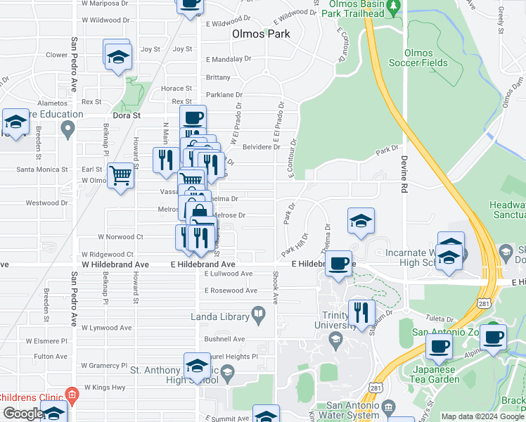 map of restaurants, bars, coffee shops, grocery stores, and more near 310 East Melrose Drive in San Antonio