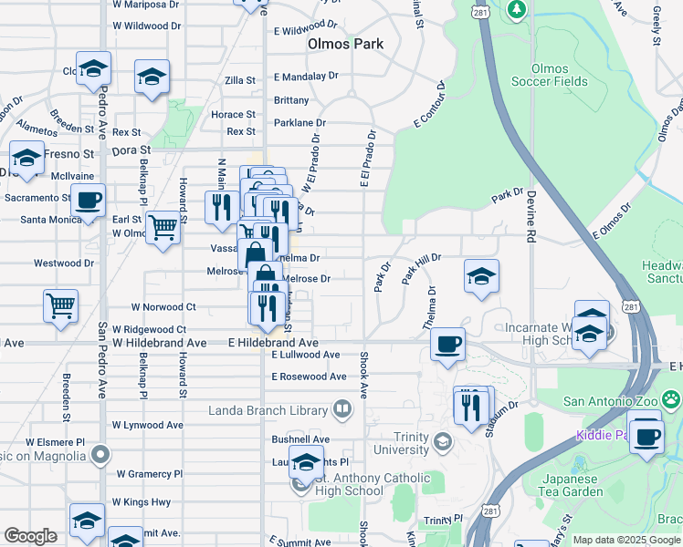map of restaurants, bars, coffee shops, grocery stores, and more near 310 East Melrose Drive in San Antonio