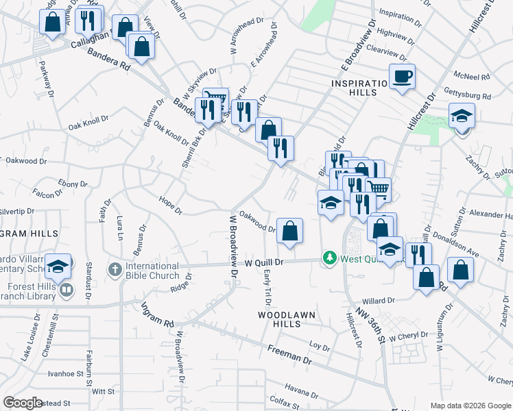 map of restaurants, bars, coffee shops, grocery stores, and more near 211 Oakwood Drive in San Antonio