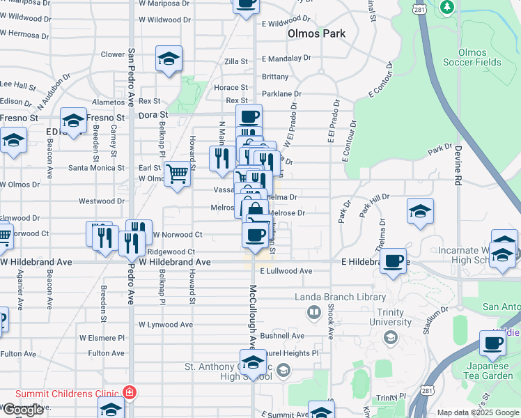 map of restaurants, bars, coffee shops, grocery stores, and more near 4210 McCullough Avenue in Olmos Park