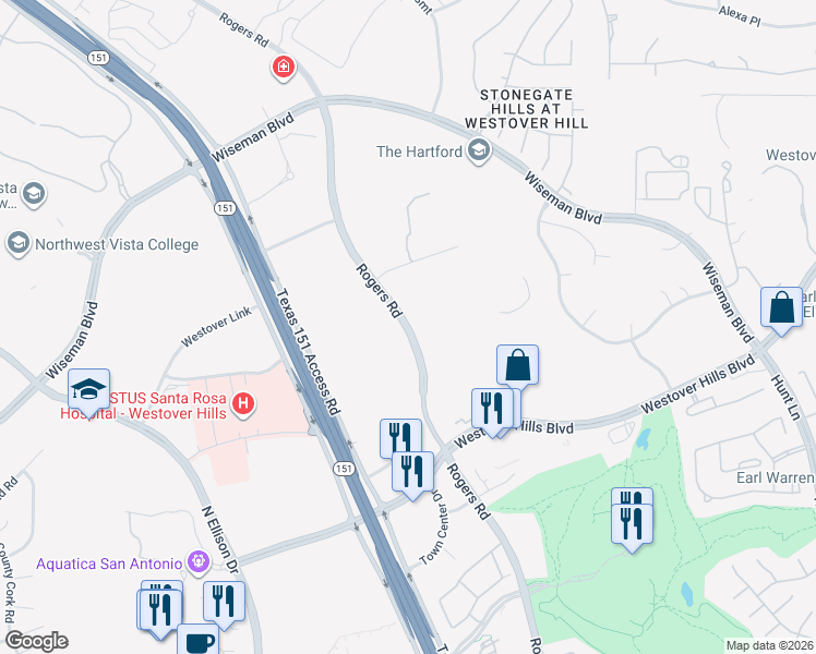 map of restaurants, bars, coffee shops, grocery stores, and more near Rogers Road in San Antonio