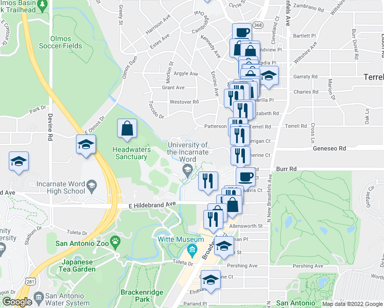 map of restaurants, bars, coffee shops, grocery stores, and more near 4707 Broadway Street in San Antonio