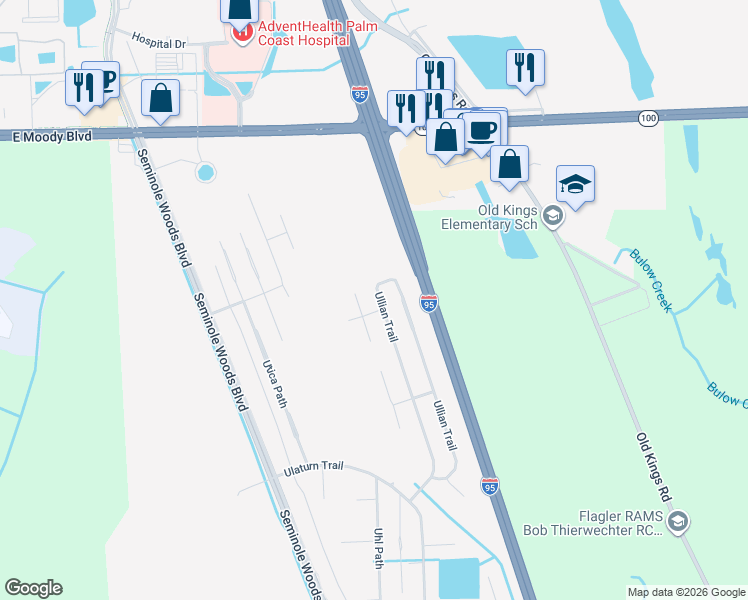 map of restaurants, bars, coffee shops, grocery stores, and more near 112 Ullian Trail in Palm Coast