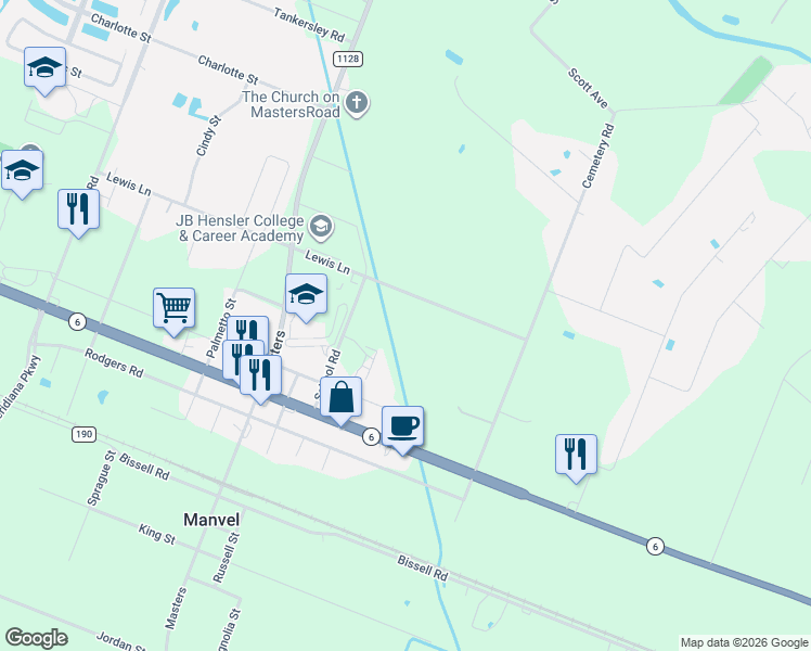 map of restaurants, bars, coffee shops, grocery stores, and more near in Manvel