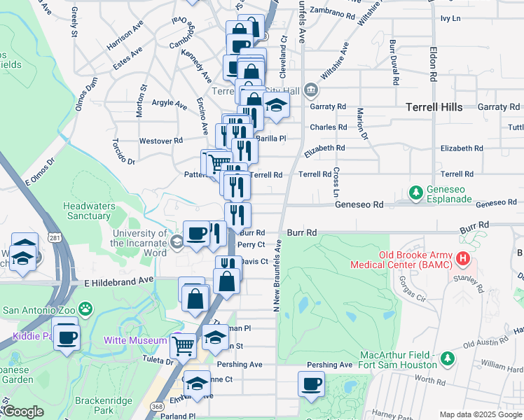 map of restaurants, bars, coffee shops, grocery stores, and more near 154 Katherine Court in San Antonio