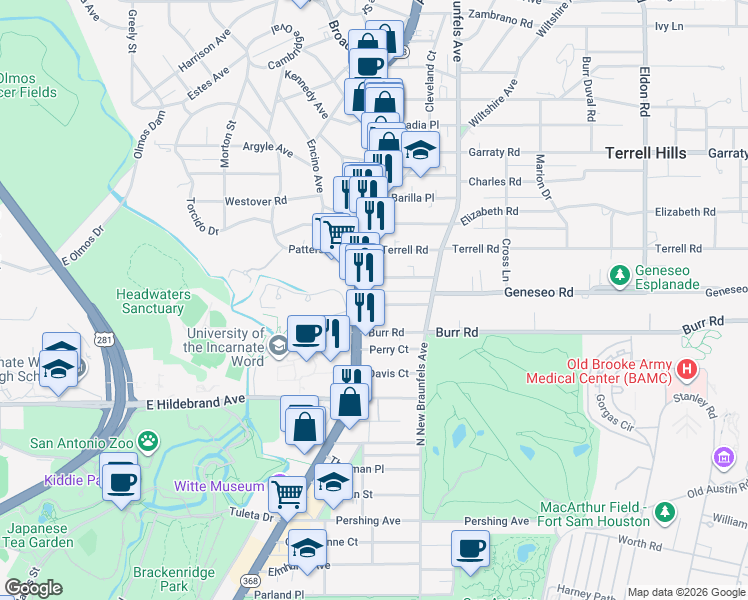 map of restaurants, bars, coffee shops, grocery stores, and more near 116 Katherine Court in Alamo Heights