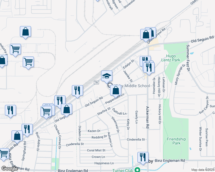 map of restaurants, bars, coffee shops, grocery stores, and more near 5441 Old Seguin Road in Kirby