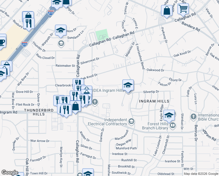 map of restaurants, bars, coffee shops, grocery stores, and more near 5700 South Horseshoe Bend in San Antonio