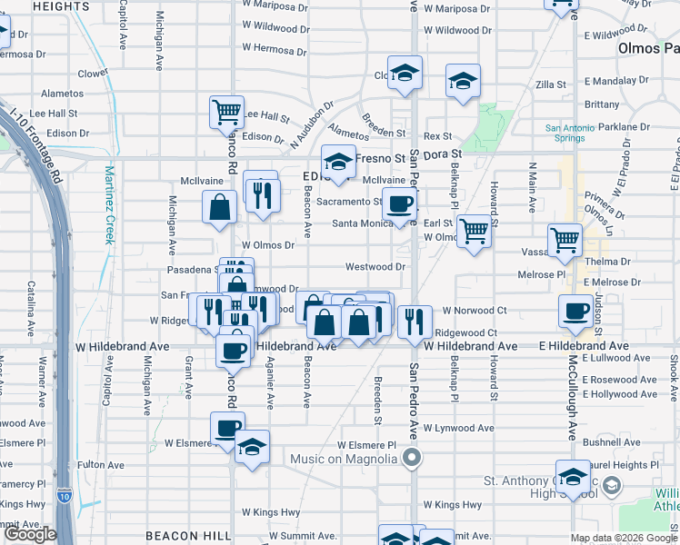map of restaurants, bars, coffee shops, grocery stores, and more near 623 Elmwood Drive in San Antonio