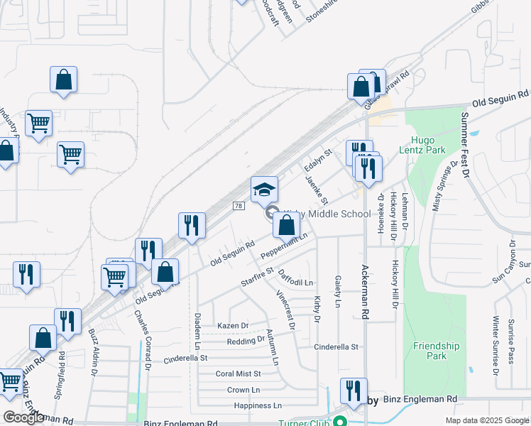 map of restaurants, bars, coffee shops, grocery stores, and more near 5441 Old Seguin Road in Kirby