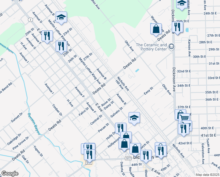 map of restaurants, bars, coffee shops, grocery stores, and more near 2902 Deats Road in Dickinson