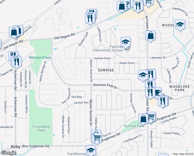 map of restaurants, bars, coffee shops, grocery stores, and more near 5902 Catalina Sunrise Drive in San Antonio