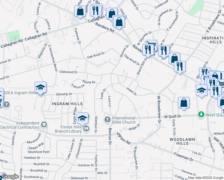 map of restaurants, bars, coffee shops, grocery stores, and more near 2527 Benrus Boulevard in San Antonio