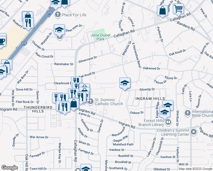 map of restaurants, bars, coffee shops, grocery stores, and more near 5901 Flynn Drive in San Antonio