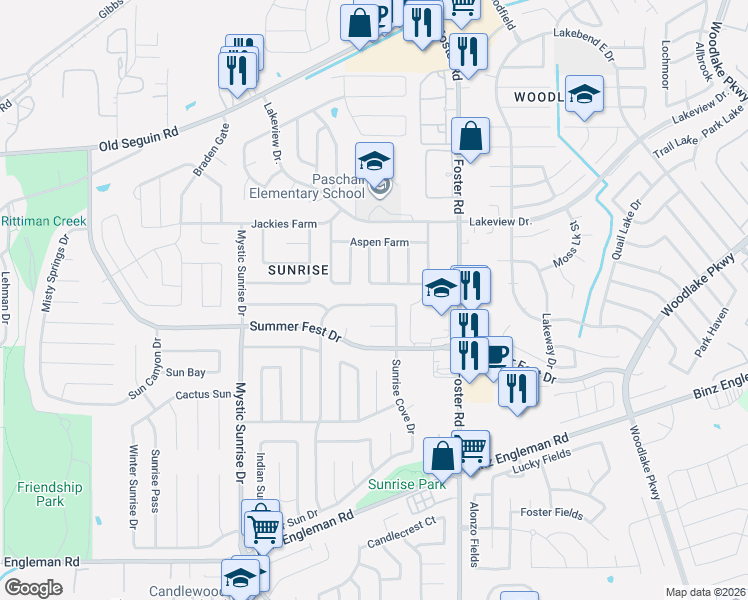map of restaurants, bars, coffee shops, grocery stores, and more near 4274 Sunrise Creek Drive in San Antonio
