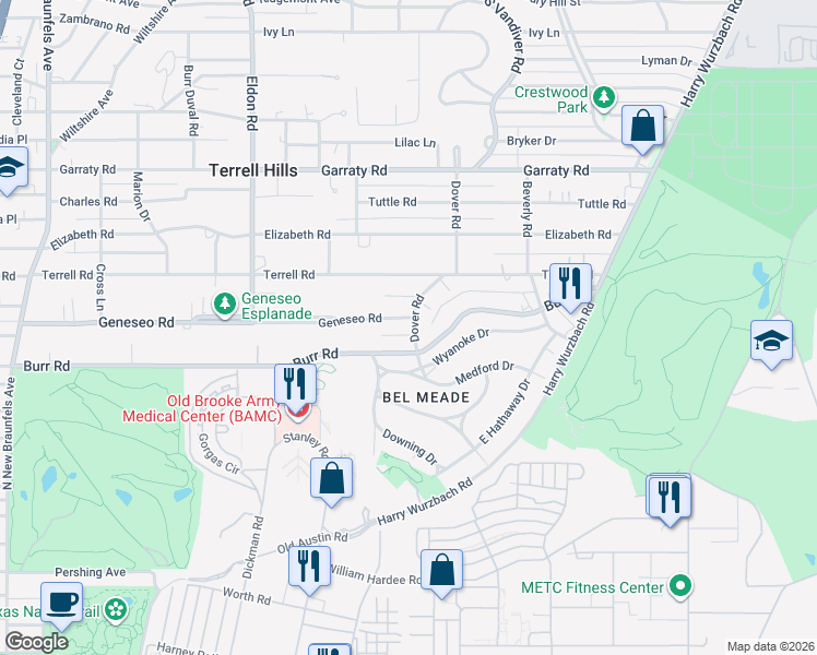 map of restaurants, bars, coffee shops, grocery stores, and more near 795 Burr Road in San Antonio