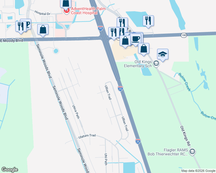 map of restaurants, bars, coffee shops, grocery stores, and more near 112 Ullian Trail in Palm Coast