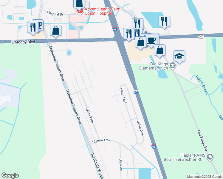 map of restaurants, bars, coffee shops, grocery stores, and more near 3 Ullock Place in Palm Coast