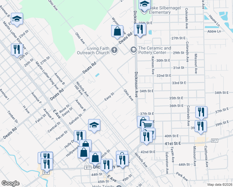 map of restaurants, bars, coffee shops, grocery stores, and more near 3402 Ohio Avenue in Dickinson