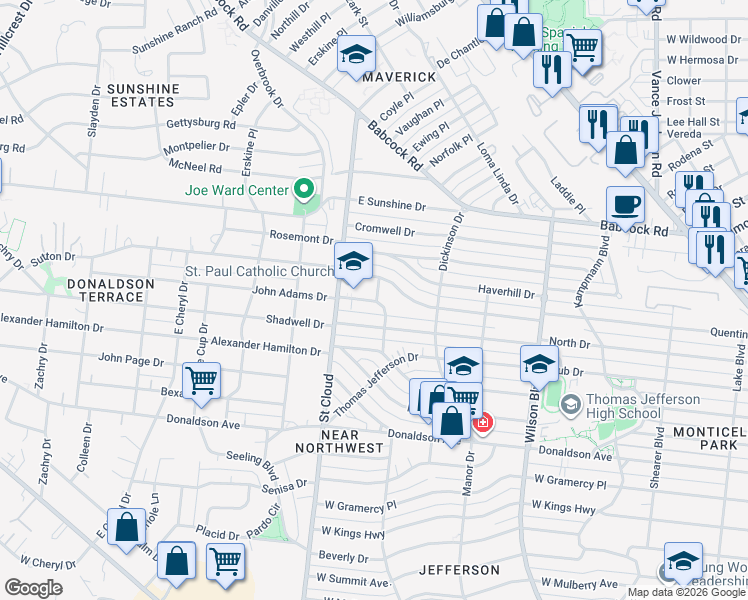 map of restaurants, bars, coffee shops, grocery stores, and more near 409 Shadwell Drive in San Antonio
