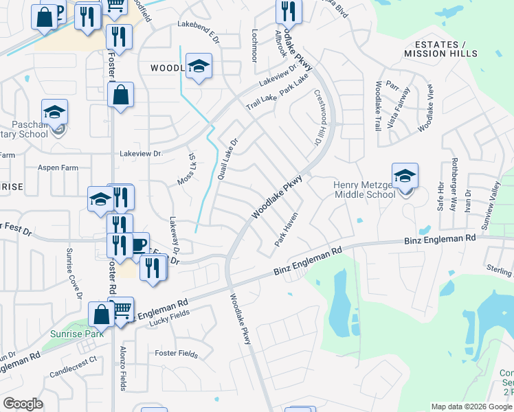 map of restaurants, bars, coffee shops, grocery stores, and more near 5102 Cabin Lake Drive in San Antonio