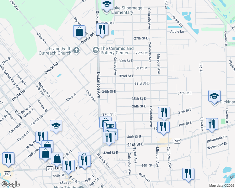 map of restaurants, bars, coffee shops, grocery stores, and more near 4407 35th Street East in Dickinson
