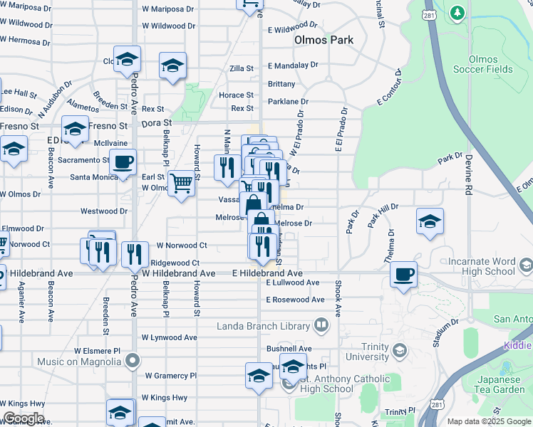 map of restaurants, bars, coffee shops, grocery stores, and more near 4210 McCullough Avenue in Olmos Park