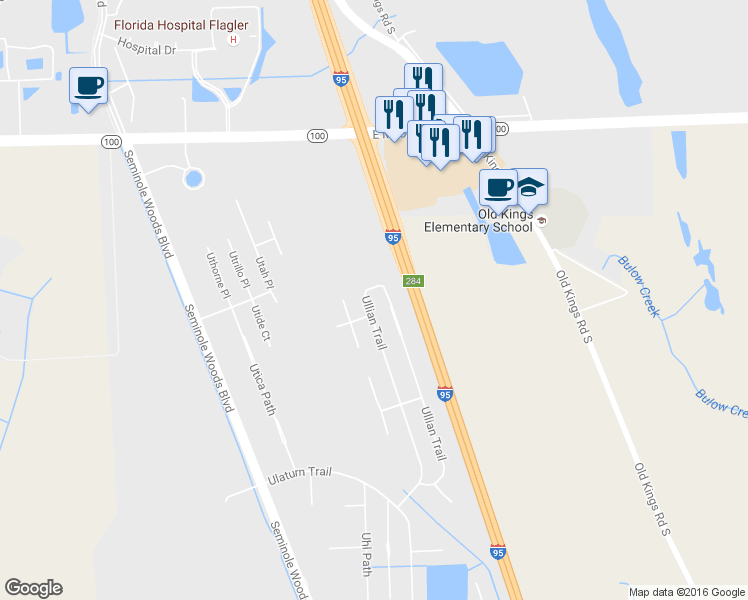 map of restaurants, bars, coffee shops, grocery stores, and more near 112 Ullian Trail in Palm Coast
