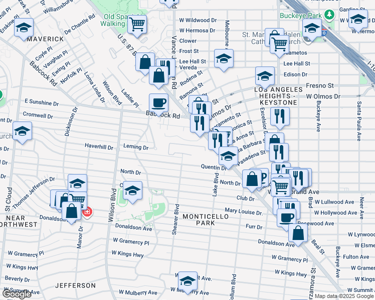 map of restaurants, bars, coffee shops, grocery stores, and more near 243 Quentin Drive in San Antonio