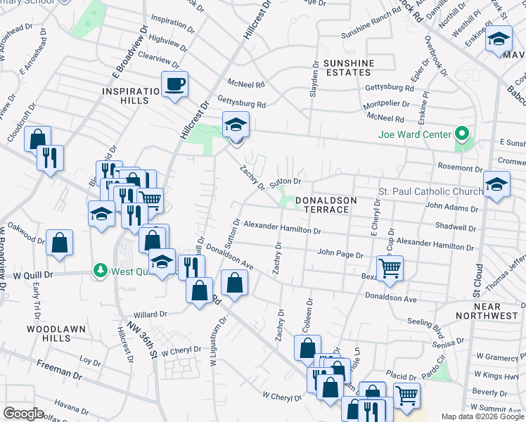 map of restaurants, bars, coffee shops, grocery stores, and more near 1219 Alexander Hamilton Drive in San Antonio