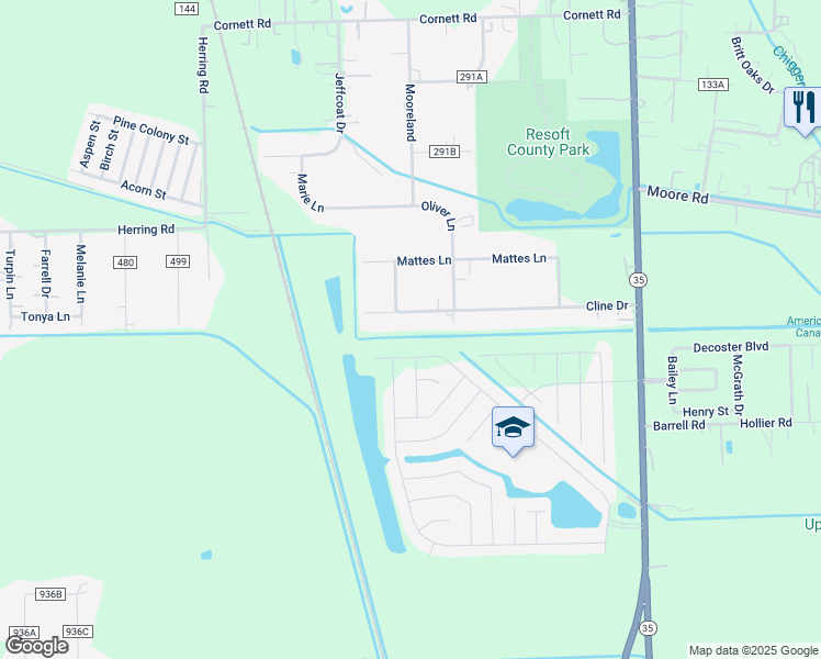 map of restaurants, bars, coffee shops, grocery stores, and more near 655 County Road 296 in Alvin