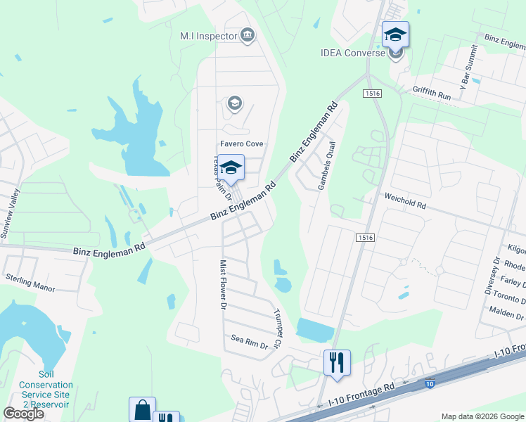 map of restaurants, bars, coffee shops, grocery stores, and more near 4310 Bitterwood Drive in Converse