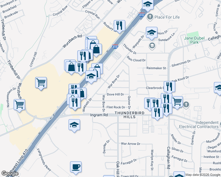map of restaurants, bars, coffee shops, grocery stores, and more near 6335 Dove Hill Drive in San Antonio