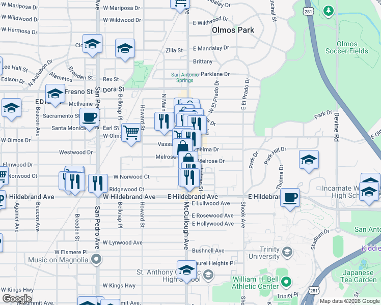 map of restaurants, bars, coffee shops, grocery stores, and more near 4216 McCullough Ave in San Antonio
