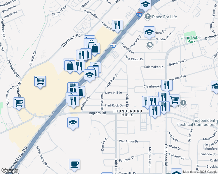 map of restaurants, bars, coffee shops, grocery stores, and more near 6335 Dove Hill Drive in San Antonio