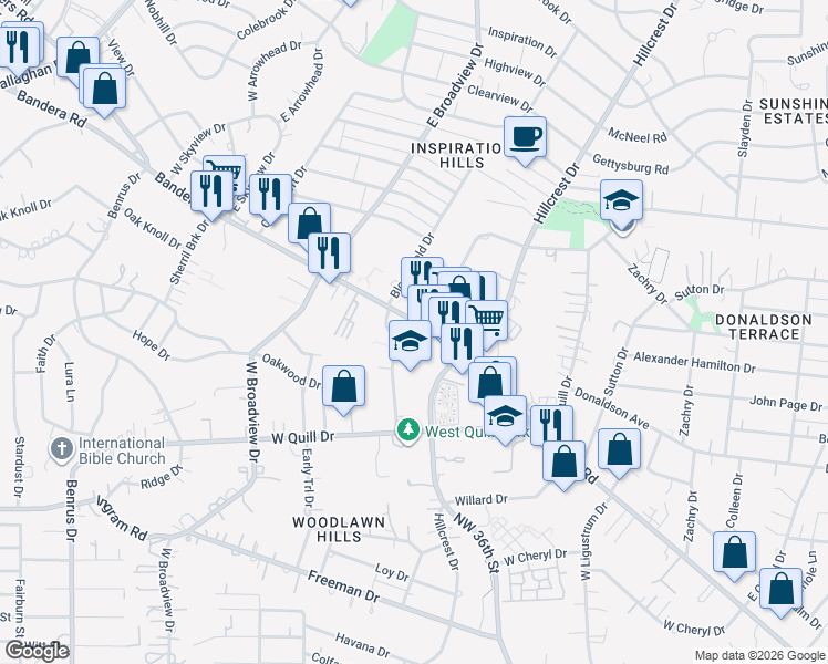 map of restaurants, bars, coffee shops, grocery stores, and more near in San Antonio