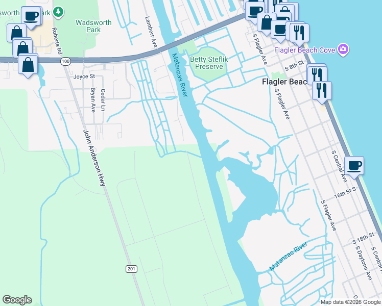 map of restaurants, bars, coffee shops, grocery stores, and more near 423 Palm Drive in Flagler Beach